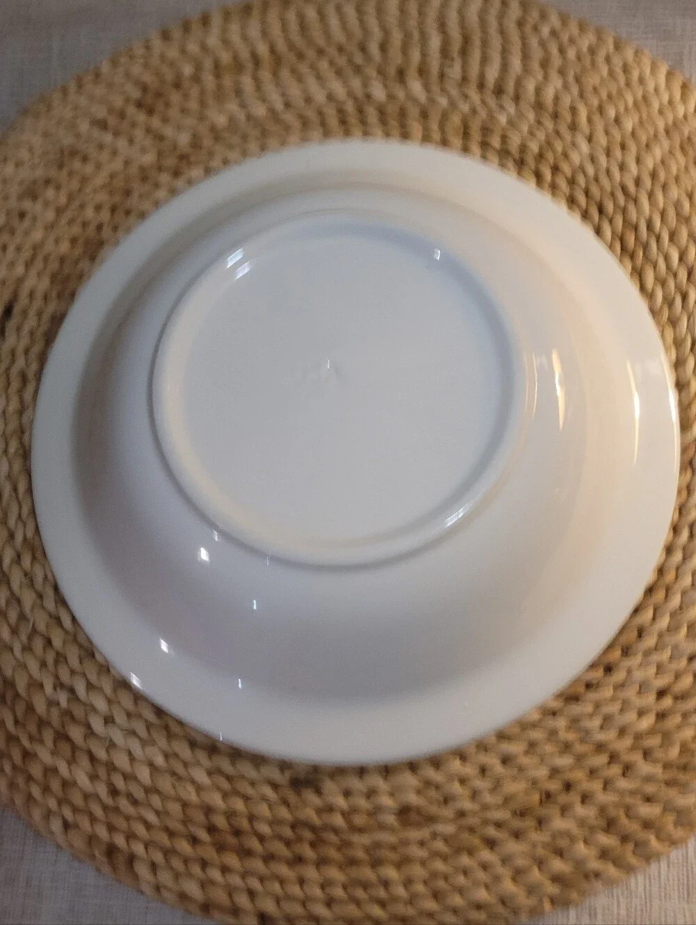Classic White Stoneware Serving Bowl with Brown Rim. Vintage